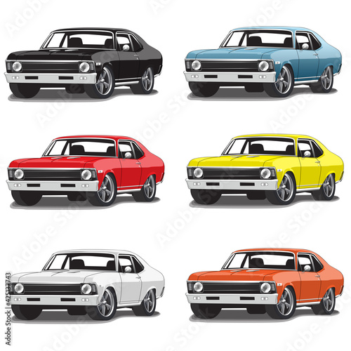 60s' Classic Vintage Muscle Car Vector Illustrations Set of 6 different colors 