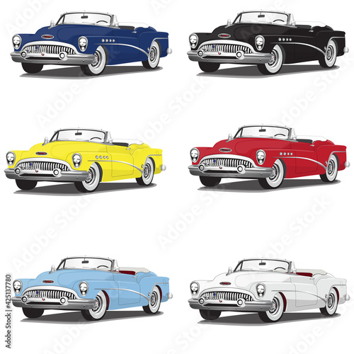 50s' Classic Vintage Muscle Car Vector Illustrations Set of 6 different colors 