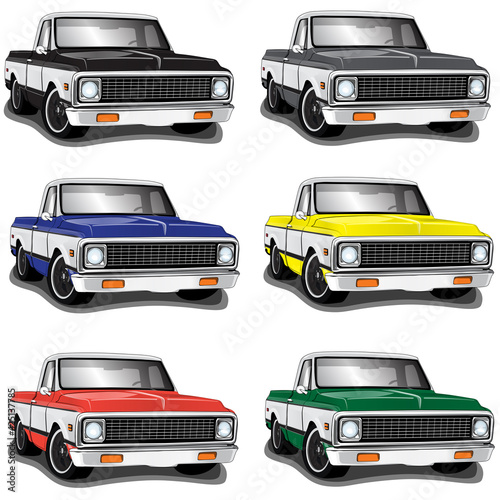 60s' Classic Pickup Truck Vector Illustrations Set of 6 different colors 