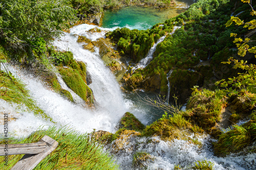 Splashes on Waterfall in Plitvice Lakes National Park  Croatia