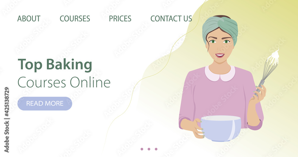Baking, pastry, culinary courses landing page. The young girl is a pastry chef whipping cream. Sticker, avatar, postcard. For menu, logo, confectionery packaging. For bakery Baking, pastry, culinary courses landing page. The young girl is a pastry chef whipping cream. Sticker, avatar, postcard. For menu, logo, confectionery packaging. For bakery