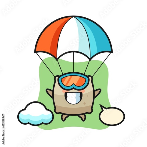 sack mascot cartoon is skydiving with happy gesture