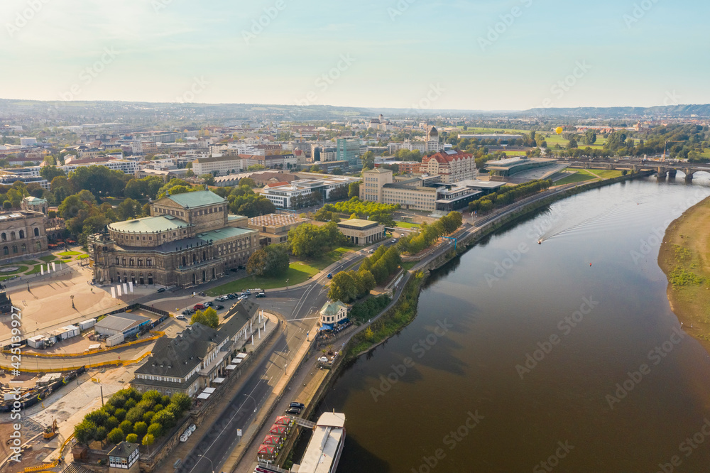 Aerial view of the Elbe with Theater square, Semper opera and the parliament congress in the background