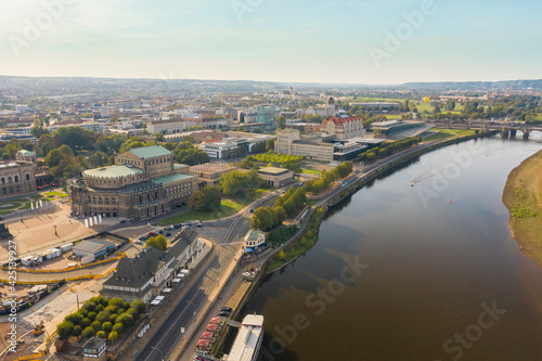 Aerial view of the Elbe with Theater square, Semper opera and the parliament congress in the background © TambolyPhotodesign