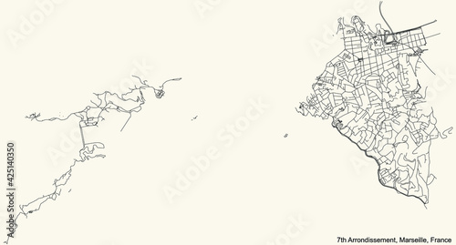 Black simple detailed street roads map on vintage beige background of the quarter 7th Arrondissement (Bompard, Endoume, Les Îles, Le Pharo, Le Roucas Blanc, Saint-Lambert, Saint-Victor) of Marseille, 