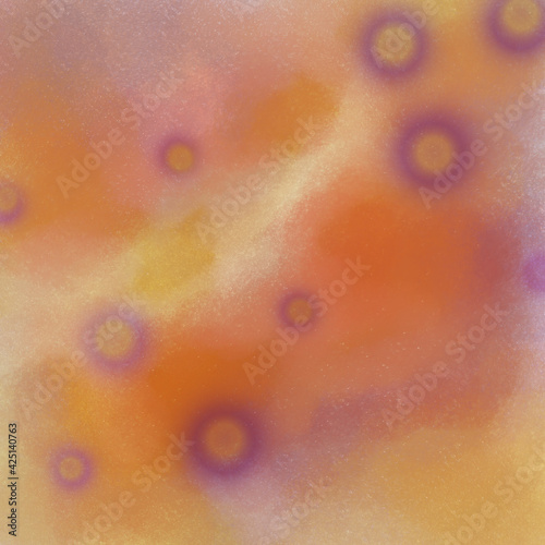 Textura naranja y violeta con círculos amarillos y violetas