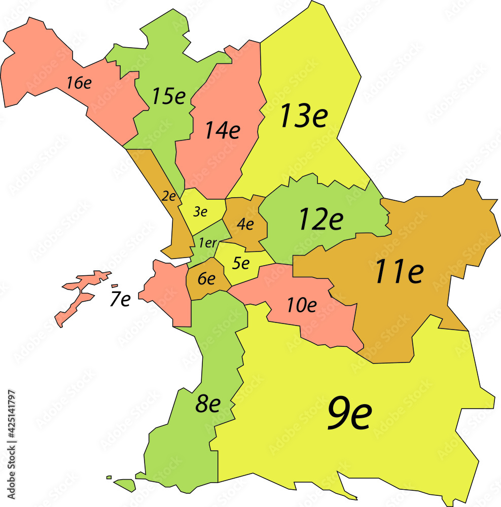 Fototapeta premium Simple pastel vector map with black borders and names of arrondissements of Marseille, France