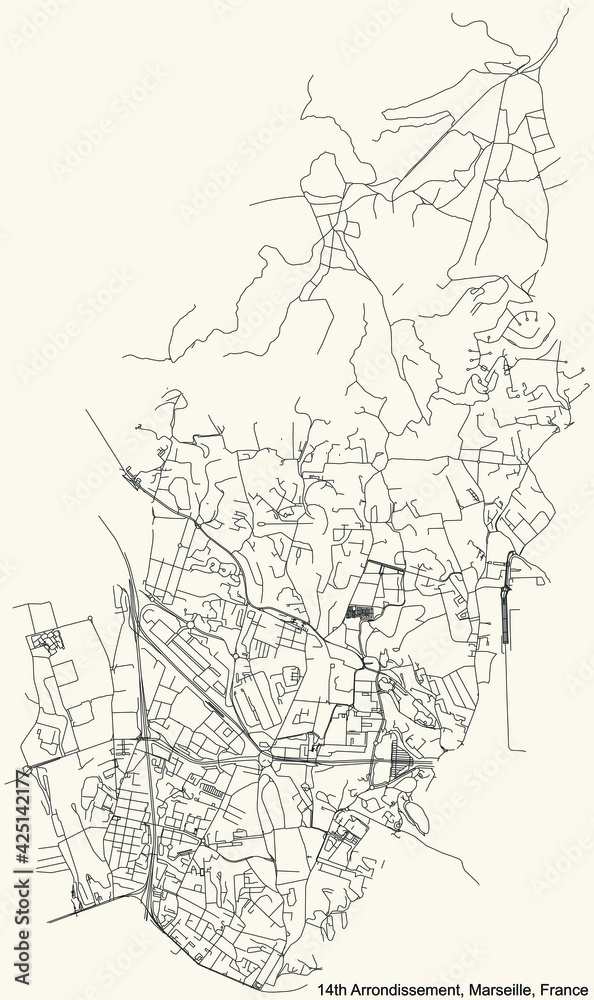 Black simple detailed street roads map on vintage beige background of the quarter 14th Arrondissement (Les Arnavaux, Bon Secours, Le Canet, Le Merlan, Saint-Barthélemy, Sainte-Marthe, Saint-Joseph) of