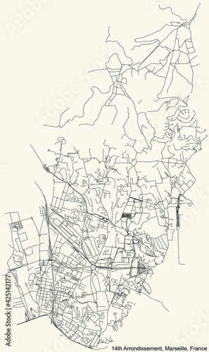 Black simple detailed street roads map on vintage beige background of the quarter 14th Arrondissement (Les Arnavaux, Bon Secours, Le Canet, Le Merlan, Saint-Barthélemy, Sainte-Marthe, Saint-Joseph) of