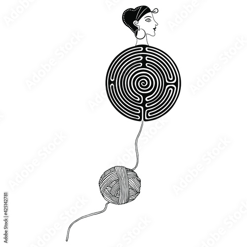 Ariadne. Spiral round maze or labyrinth with female head and yarn thread. Black and white silhouette. Creative concept. Ancient Greek mythology.