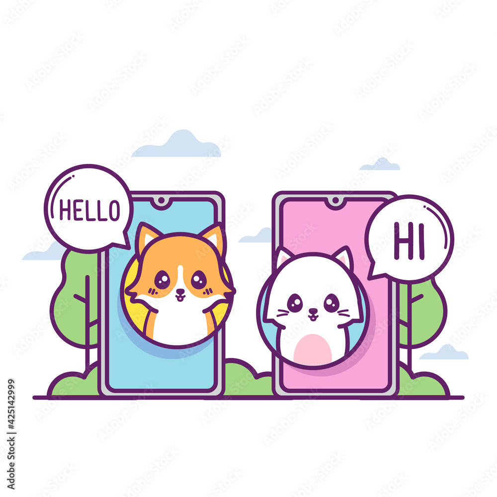 Fototapeta premium cute corgi and cat making call