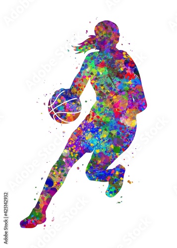 Basketball player girl watercolor art, abstract painting. sport art print, watercolor illustration rainbow, colorful, decoration wall art.  © Yahya Art