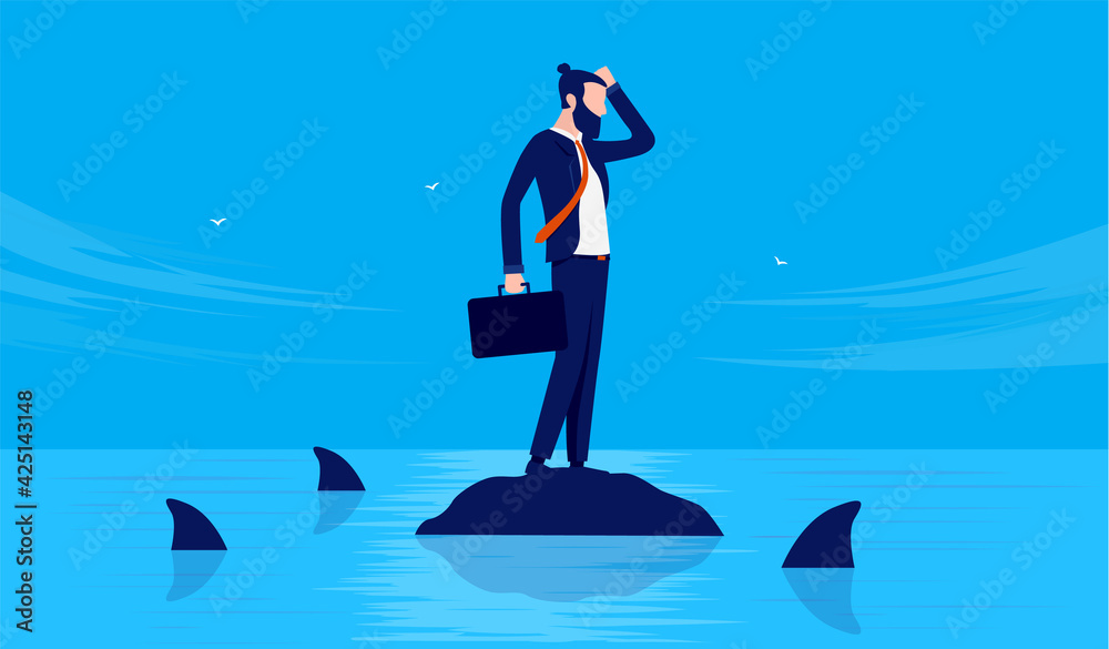 Businessman in trouble - Male person standing alone on rock in ocean with dangerous sharks swimming around. Business adversity concept. Vector illustration. Businessman in trouble - Male person standing alone on rock in ocean with dangerous sharks swimming around. Business adversity concept. Vector illustration.