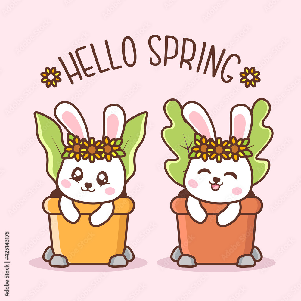 hello spring with cute rabbits inside pot hello spring with cute rabbits inside pot