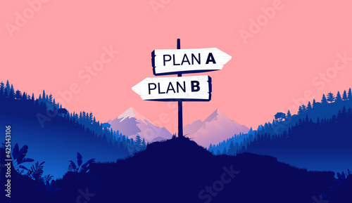Life plan A and B - Signpost in nature landscape with text, pointing at different directions. Vector illustration.