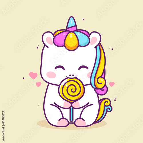 cute happy unicorn eating lolipop