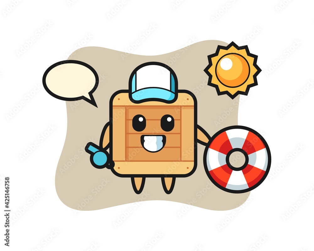 Cartoon mascot of wooden box as a beach guard Cartoon mascot of wooden box as a beach guard