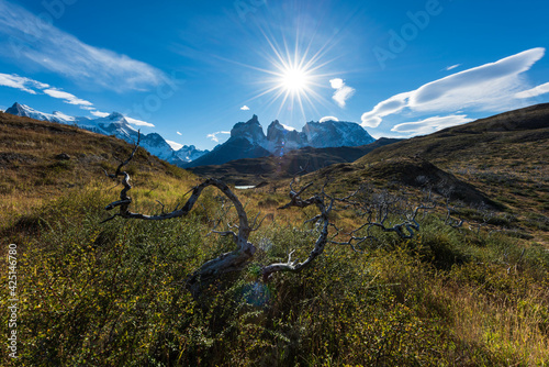 World famous mountain peaks, traveling in Torres del Paine National Park, Chile, South America. Beautiful natural scenery.