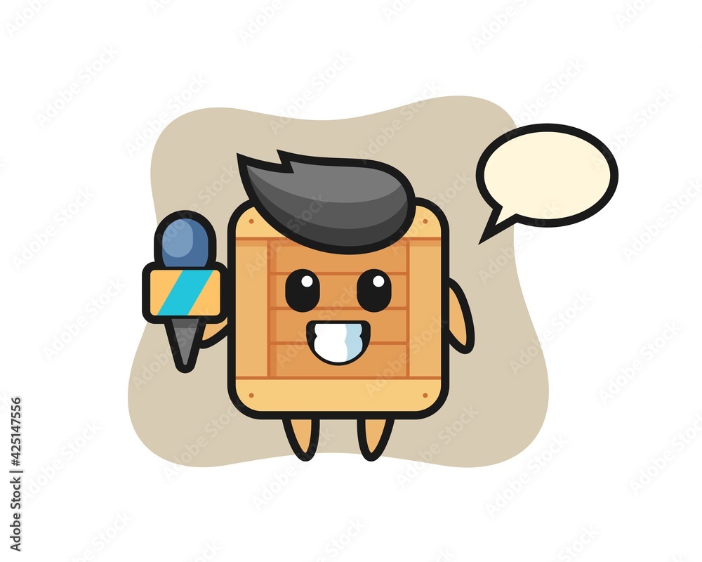 Character mascot of wooden box as a news reporter