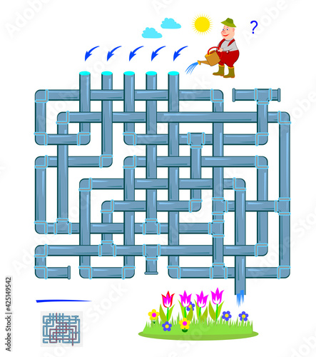 Logic puzzle game with labyrinth for children and adults. Help the gardener water a flower bed. Maze with tubes. Worksheet for kids brain teaser book. Play online. Flat vector illustration.