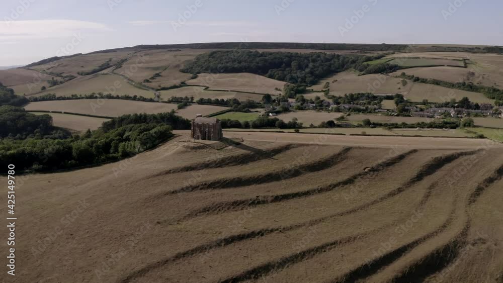 Wide aerial of St Catherine's Chapel, a small limestone chapel situated