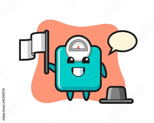 Cartoon character of weight scale holding a flag