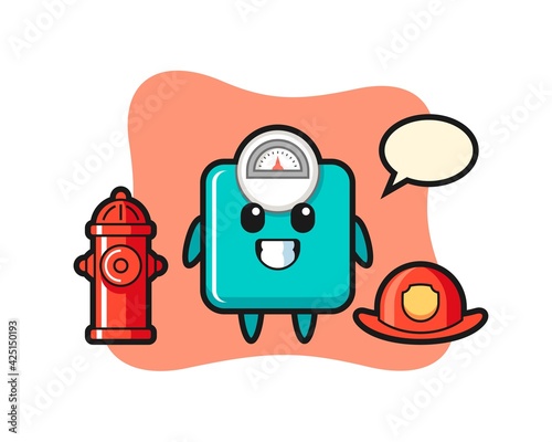 Mascot character of weight scale as a firefighter