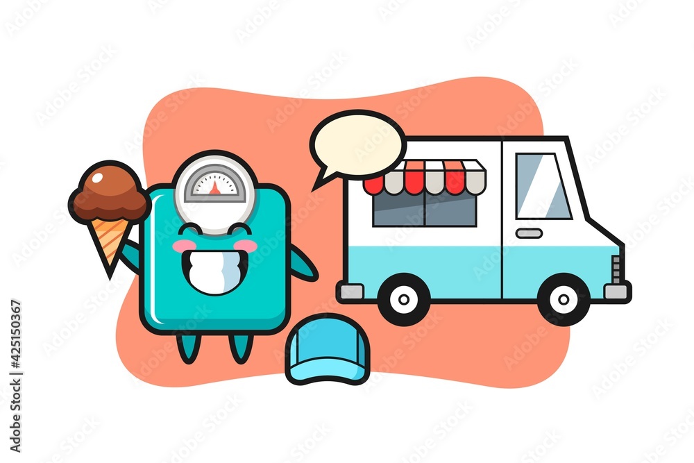 Mascot cartoon of weight scale with ice cream truck Mascot cartoon of weight scale with ice cream truck