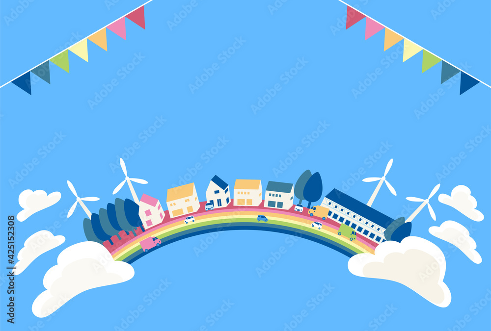 虹の街 虹 ガーランド 夏 背景 イラスト Stock Illustration Adobe Stock