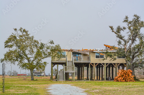 Powerful Hurricane Laura, removed the roof and destroyed this house at Cameron in Cameron Parish, Louisiana