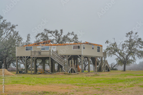 Powerful Hurricane Laura, removed the roof and destroyed this house at Cameron in Cameron Parish, Louisiana
