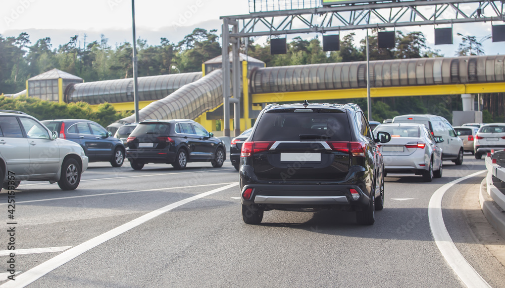 car in big traffic jam. Back view.