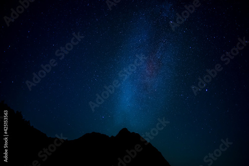 nightscape, night full of stars, view at the milkyway and the constellation swan, cygnus, dolphin, delphinus, lyra, Allgaeu, Bavaria, Germany