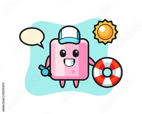 Cartoon mascot of marshmallow as a beach guard