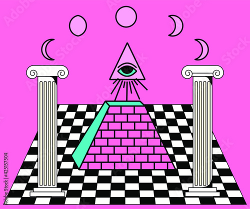 Surreal vaporwave landscape with a checkerboard floor, ancient columns and the all-seeing eye in a triangle. Trendy occult psychedelic style illustration.