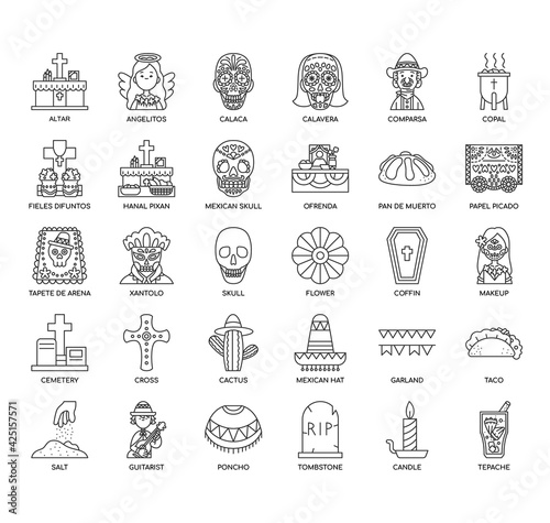 Set of day of the dead thin line and pixel perfect icons for any web and app project.