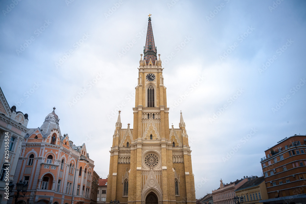 The Name of Mary Church, also known as Novi Sad catholic cathedral or crkva imena marijinog during a cloudy spring afternoon. This cathedral is one of the most important landmarks of Novi Sad, Serbia