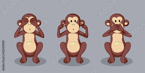 Three Wise Monkeys Vector Illustration