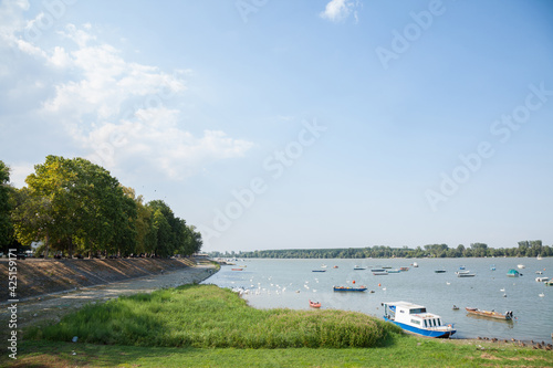 Zemun Quay (Zemunski Kej) in Belgrade, Serbia, on the Danube river, seen in summet during a sunny afternoon. Boats can be seen in front, and the dunav in background