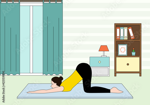 Vector illustration of a woman doing yoga inside the house.