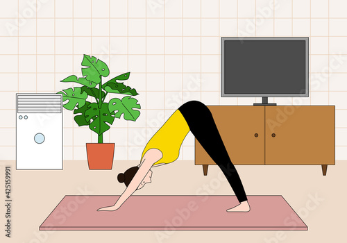 Vector illustration of a woman doing yoga inside the house.