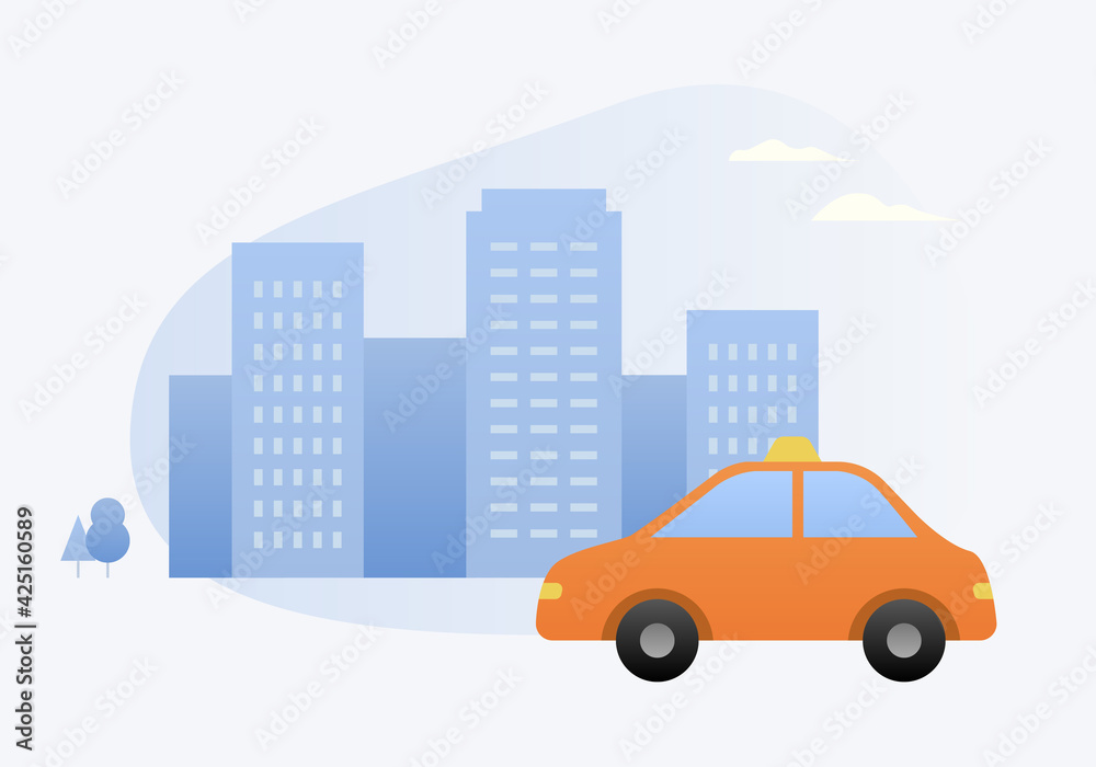 Vector illustration of building and taxi.