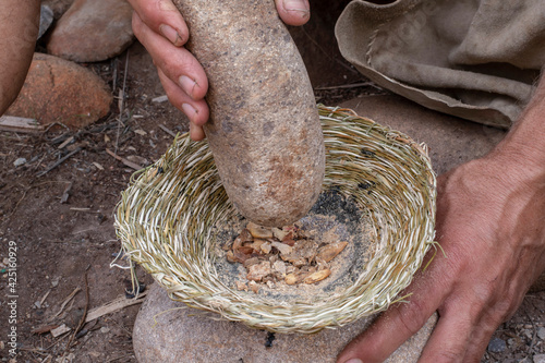 Tela Grinding acorns with stone mortar and pestle