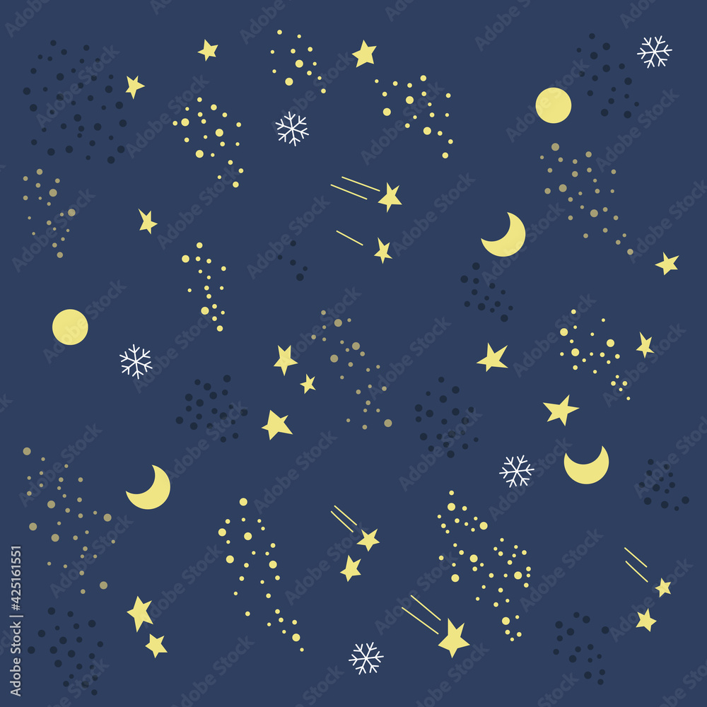 Moon and stars pattern illustration on blue background.