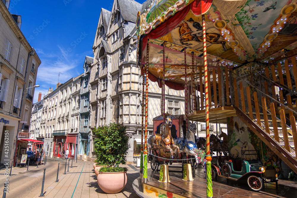 Carousel in a Place Sainte-Croix square in downtown of Angers in France