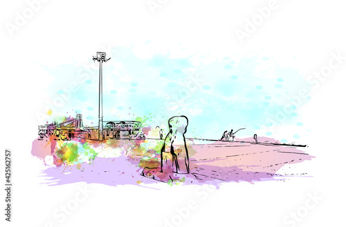 Building view with landmark of Durres is the 
city in Albania. Watercolour splash with hand drawn sketch illustration in vector.