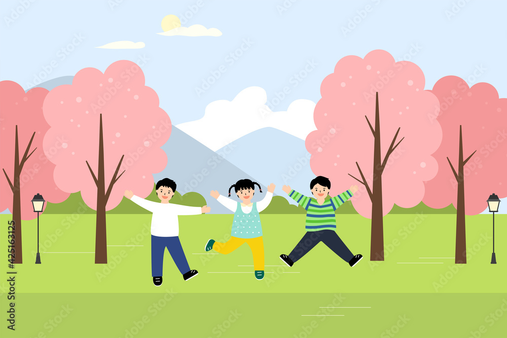 Children playing happily in a park with pink flower trees. Children playing happily in a park with pink flower trees.