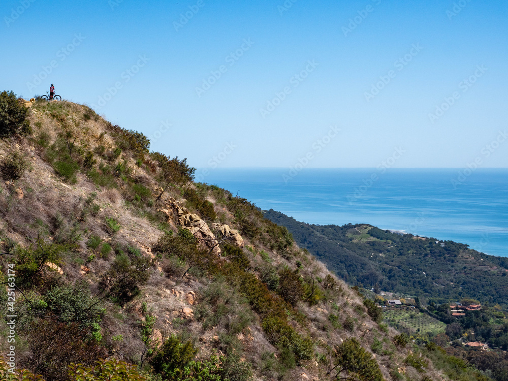 Panoramic view of Montecito, Pacific Ocean and Channel Islands from Old Romero Canyon Trail in Montecito, California near Santa Barbara  on a clear, sunny spring day with prickly pear cactus