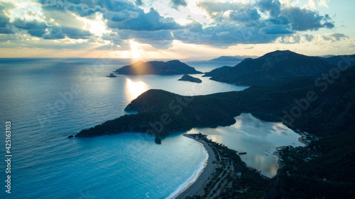 Bild auf Leinwand Amazing beautiful panoramic view from drone of natural park of Oludeniz and Fethiye blue lagoon and tranquil aquamarine dead sea