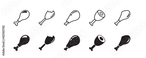 Chicken leg, drumstick, fried chicken, chicken thighs, roast chicken icon set. Vector graphic illustration. Suitable for website design, logo, app, template, and ui.